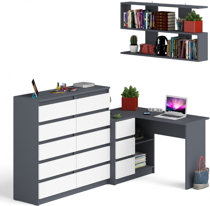 Мори компьютерный стол МС-16 левый + Комод МК1200.10 + Полка 1200, графит/белый