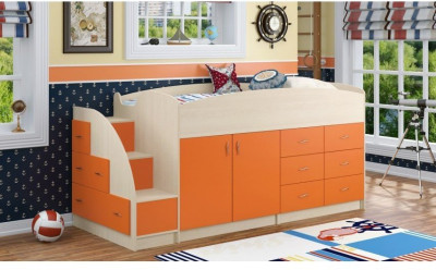 Кровать-чердак Дюймовочка-4, Дуб молочный / Оранжевый