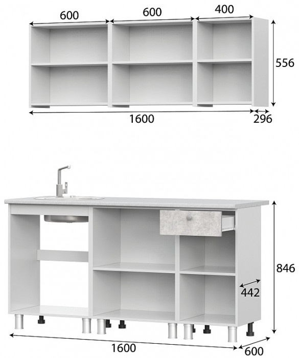 Кухонный гарнитур КГ 1 (1.6 м), Белый, Цемент светлый