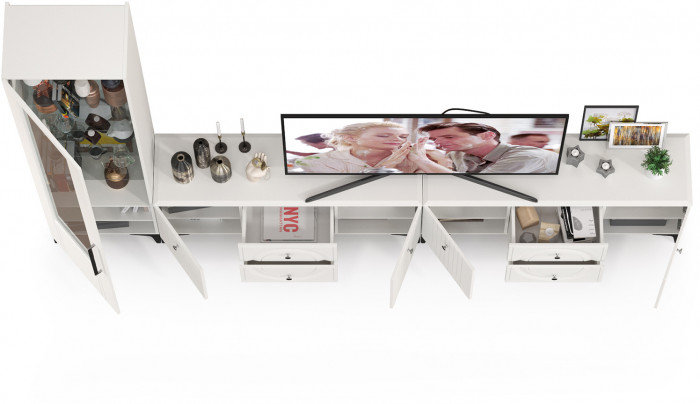 Валенсия Гостиная № 079, цвет ЛДСП белый шагрень/МДФ белый шагрень, ШхГхВ 321,2х38,3х225,2 см., универсальная сборка