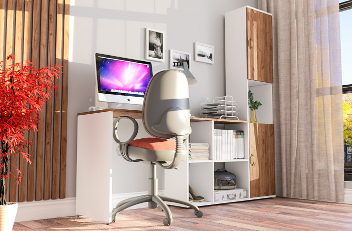 Лидер-8 Стол + Пенал, белый шагрень/крафт золото