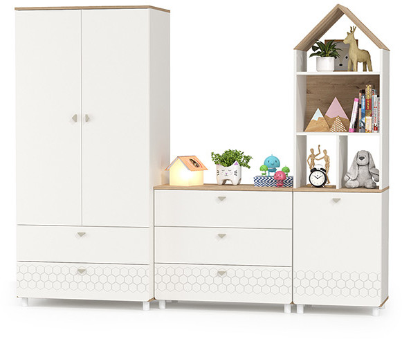 Эйп 13.334 Шкаф для одежды + 13.322 Комод + 13.14 Стеллаж, цвет белый/дуб белый, ШхГхВ 223х51,1х183,8 см., универсальная сборка