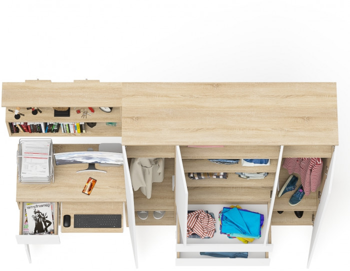 Мори Стол компьютерный МС-1 левый + Шкаф МШ1600.1 + Полка 900, цвет дуб сонома/белый, ШхГхВ 250,4х50,4х209,6 см., НЕ универсальная сборка