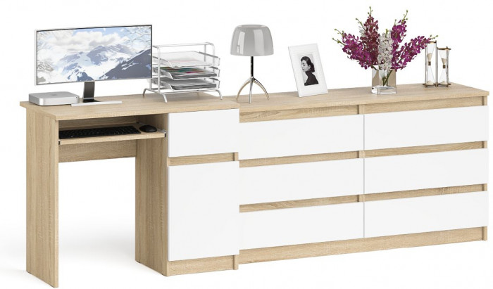 Мори Стол компьютерный МС-1 правый + Комод МК1380.6, цвет дуб сонома/белый, ШхГхВ 228х50х76,6 см., выдвижной ящик справа, НЕ универсальная сборка