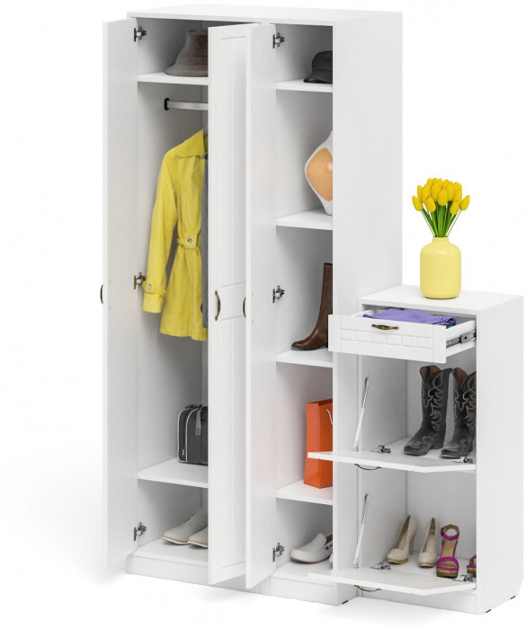 Прихожая П-6 Компоновка № 48, белая шагрень/фасады МДФ белое дерево фрезеровка прованс