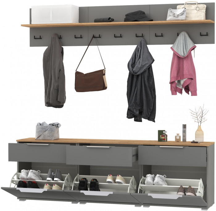 Октава Прихожая 04, цвет серый графит/дуб крафт золотой/фасады МДФ серый графит, ШхГхВ 194,7х35,4х197 см.