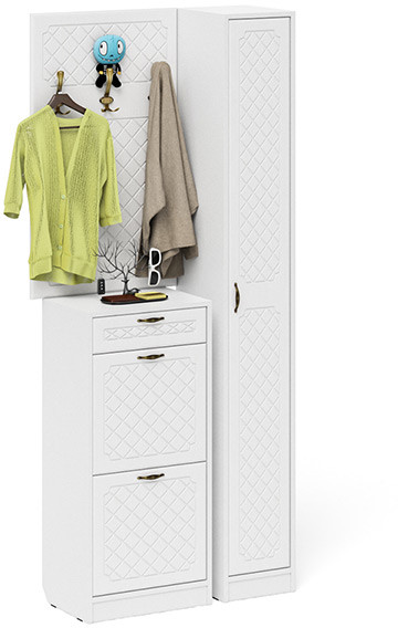 Прихожая П-6 Компоновка № 24, цвет белая шагрень/фасады МДФ белое дерево фрезеровка ромб, ШхГхВ 90х35х220 см., универсальная сборка