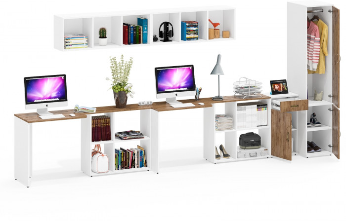 Лидер-8 Стол + Полка + Стол + Полка + Пенал МД 23Б + Тумба МД 3.15, цвет белый шагрень/крафт золото, 410х50х75/190 или 230х160/50х75/190, НЕ ун. сб.