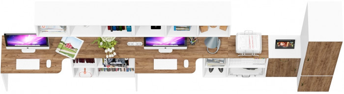 Лидер-8 Стол + Полка + Стол + Полка + Пенал МД 23Б + Тумба МД 3.15, цвет белый шагрень/крафт золото, 410х50х75/190 или 230х160/50х75/190, НЕ ун. сб.