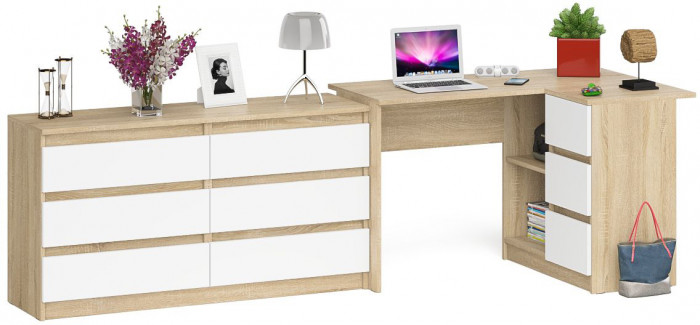 Мори компьютерный стол МС-16 правый + Комод МК1380.6, дуб сонома/белый