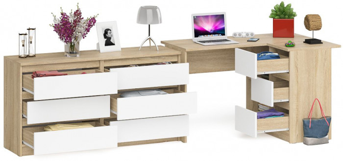Мори компьютерный стол МС-16 правый + Комод МК1380.6, дуб сонома/белый