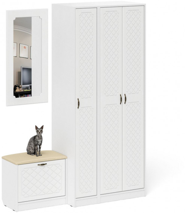 Прихожая П-6 Компоновка № 46, цвет белая шагрень/фасады МДФ белое дерево фрезеровка ромб, ШхГхВ 150х50х210 см., универсальная сборка