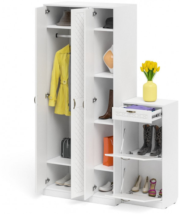 Прихожая П-6 Компоновка № 48, белая шагрень/фасады МДФ белое дерево фрезеровка ромб