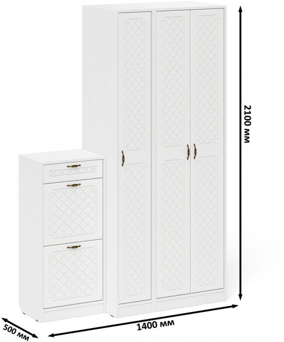 Прихожая П-6 Компоновка № 48, белая шагрень/фасады МДФ белое дерево фрезеровка ромб