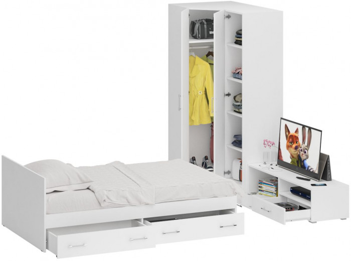 Спальня Стандарт 4-1200Я, белый/фасады ТВ тумбы МДФ белый глянец
