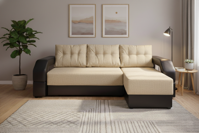 Угловой диван-еврокнижка Манчестер 150х200, с подсветкой, рогожка/экокожа бежевый