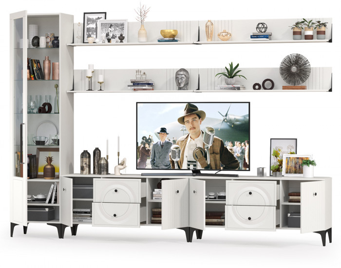 Валенсия Гостиная № 081, цвет ЛДСП белый шагрень/МДФ белый шагрень, ШхГхВ 321,2х38,3х225,2 см., универсальная сборка