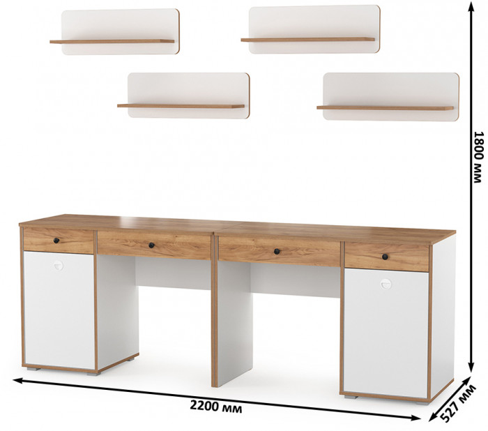Вуди Компоновка № 02, цвет белый премиум/дуб крафт золотой, ШхГхВ 220х52,7х180 см., универсальная сборка