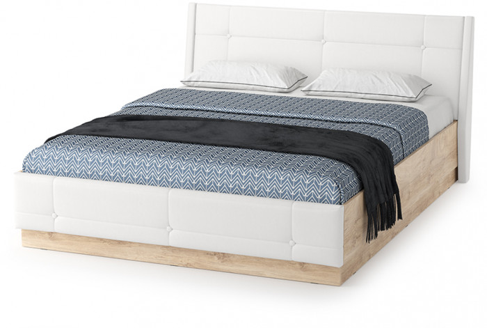 Муссон Кровать 11.28 + под. ортопед + Тумба 16.03 + Комод 13.97 + Тумба ТВ 13.276, белый/чёрный/дуб эндгрейн элегантный/кожзам белый, 1600х2000, б/м