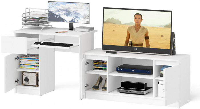 Мори компьютерный стол МС-1 левый + Тумба МТВ1200.1, белый