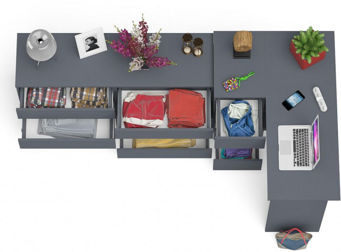 Мори Стол компьютерный МС-16 левый + Комод МК1380.6, цвет графит, ШхГхВ 262,4х84,9х76,6 см., выдвижные ящики слева, НЕ универсальная сборка