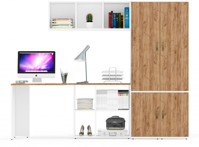 Лидер-8 Стол + Полка + Пенал МД 22Б + Пенал МД 22Б, белый шагрень/крафт золото