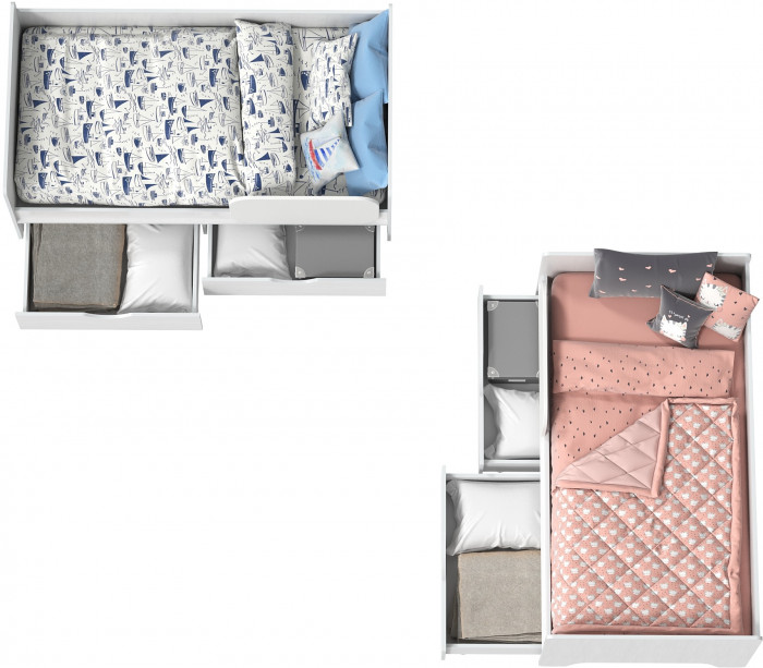 КР100 Уна 11.22 Две кровати с ящиками, цвет белый(структура Поры дерева), ШхГхВ 163,8х87,6х65,3 см., 2х800х1600 мм., б/м, осн. есть, съёмный бортик