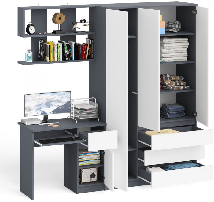 Мори Стол компьютерный МС-1 правый + Шкаф МШ1200.1 + Полка 900, цвет графит/белый, ШхГхВ 210,4х50,4х209,6 см., НЕ универсальная сборка