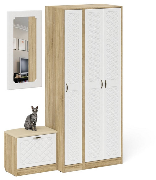 Прихожая П-6 Компоновка № 46, цвет дуб сонома/фасады МДФ белое дерево фрезеровка ромб, ШхГхВ 150х50х210 см., универсальная сборка