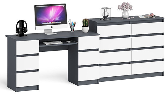 Мори Стол компьютерный МС-2 + Комод МК1200.8, цвет графит/белый, ШхГхВ 255,8х50х94 см., универсальная сборка