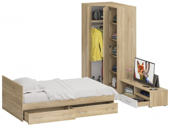 Спальня Стандарт 4-1200Я, дуб сонома/фасады ТВ тумбы МДФ белый глянец