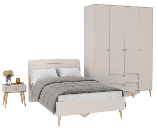 Афина Спальня Кровать 1200 + Шкаф 4-х дверный + Тумба, кашемир серый