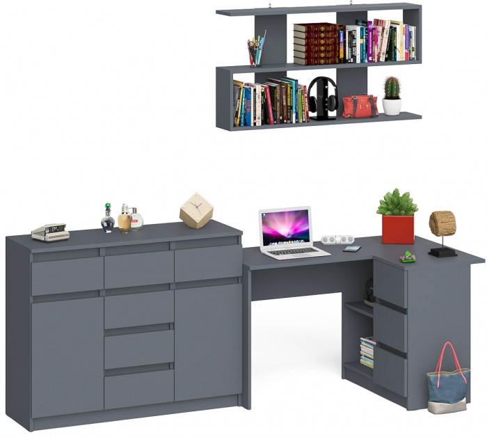 Мори компьютерный стол МС-16 правый + Комод МК1200.4 + Полка 1200, графит